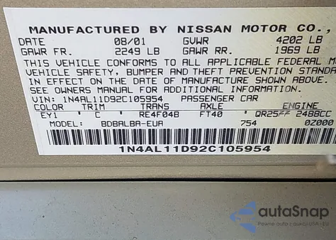2002 Nissan Altima 2.5 S из США, поврежденный, VIN 1N4AL11D92C105954